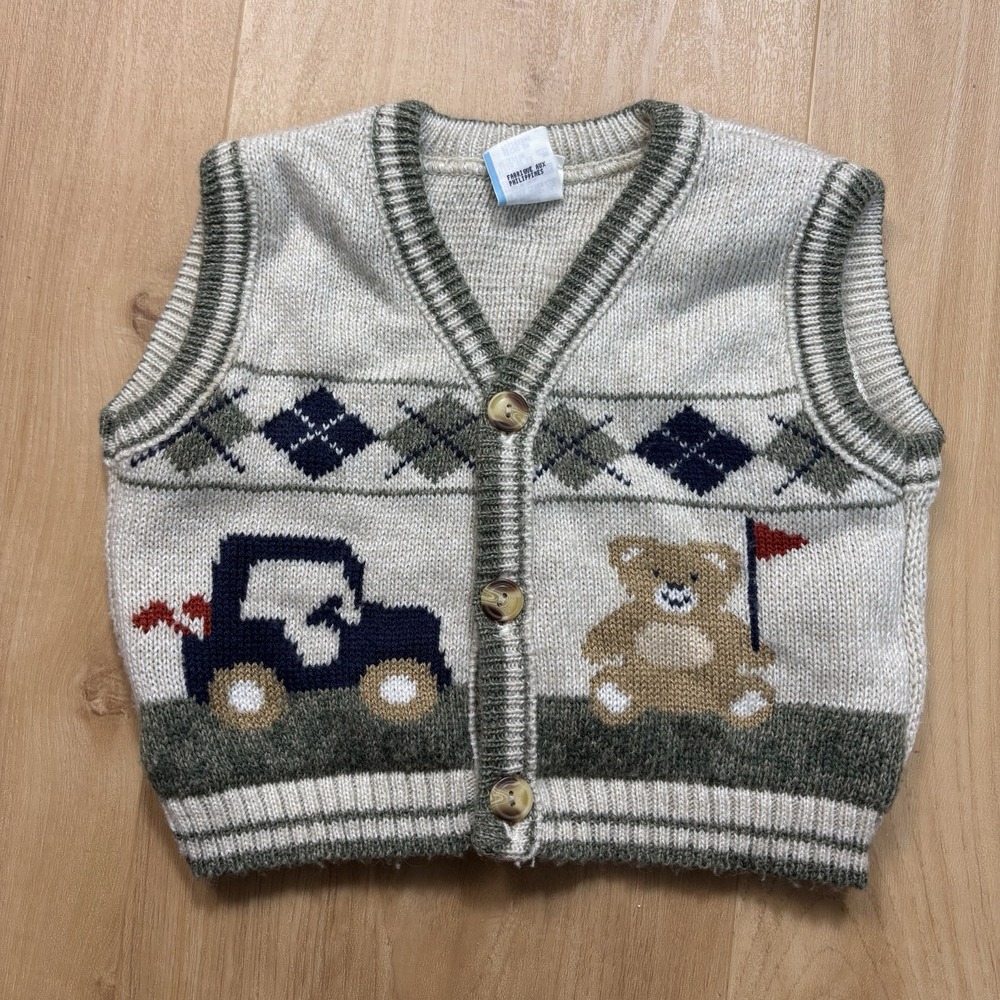 Vintage 18 Month Boys Sweater Vest Argyle Teddy Bear Golfing Golfer